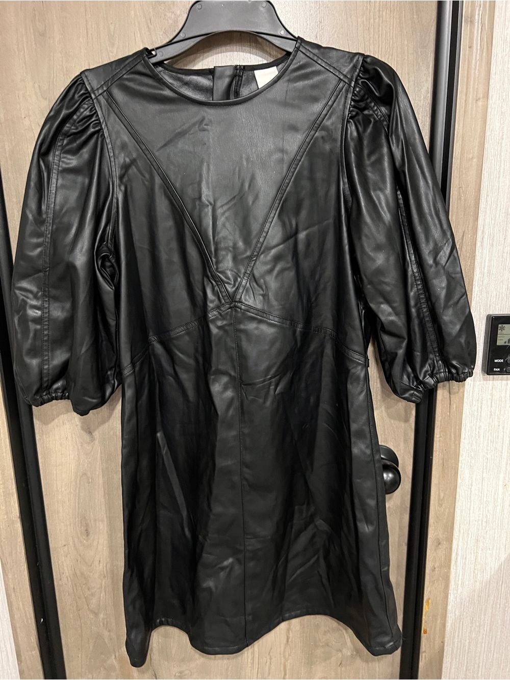H&M Black Faux Leather Short Dress with Puff Sleeves